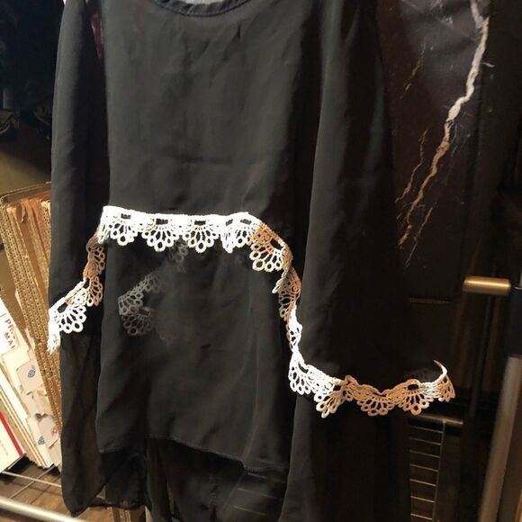 Black flutter multi layer sheer top with white embroidery trim. - Picture 2 of 7